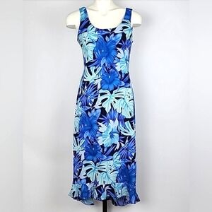 Jessica Blue Sleeveless Long Lightweight Dress Tropical Print Ruffle Hem Sz M